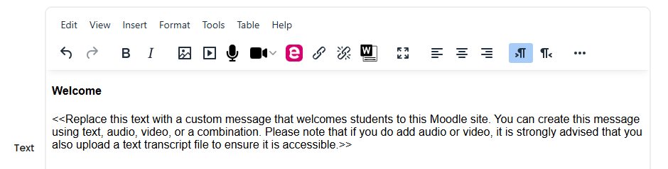 Moodle - Text and Media Area - Welcome Message